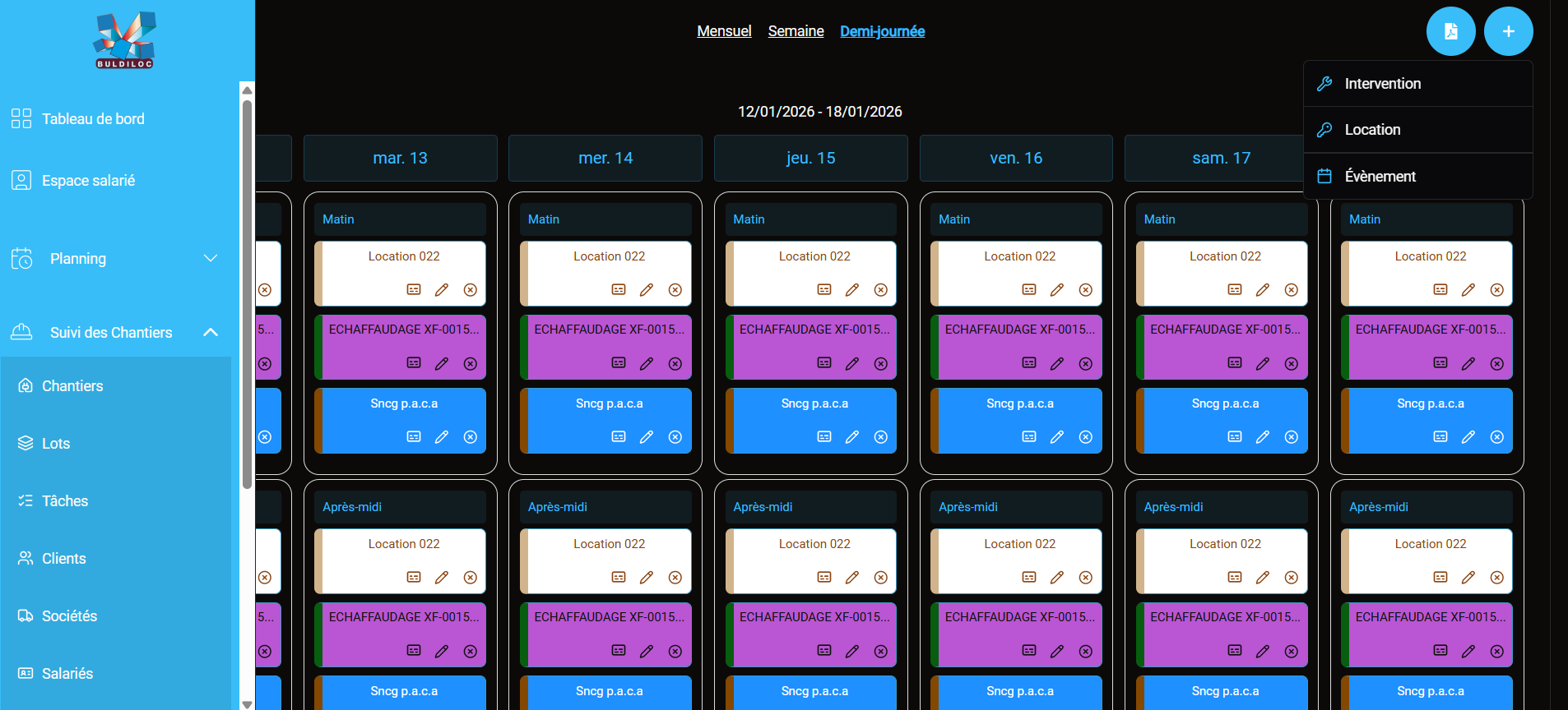 Buldiloc - application de suivi de chantier et de gestion de locations - planning